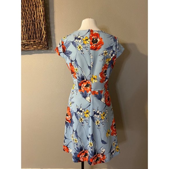 Vince Camuto Dress 12 Blue Orange Floral Stretch Short Sleeve Washable NEW - Picture 6 of 13